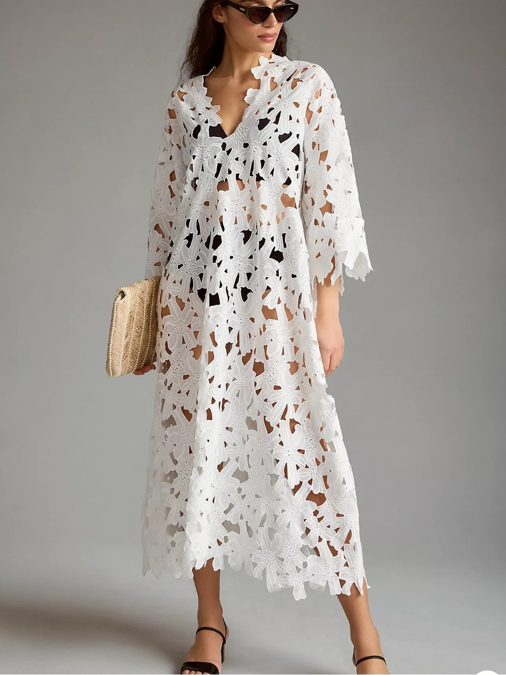 Anthropologie Floral Eyelet Kaftan Midi Dress Swim Coverup One Size NWT